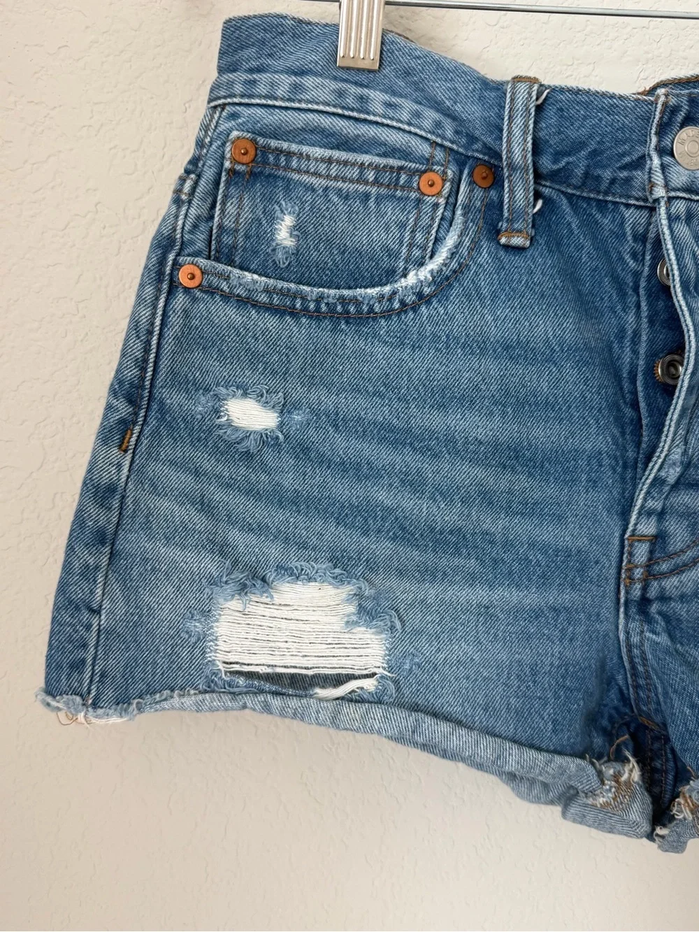 Madewell Blue Distressed High-Rise Denim Shorts raw hem - button fly